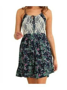 NEW Umgee Floral Print‎ Sleeveless Lace Mini Skater Flowy Fit & Flare Dress SM